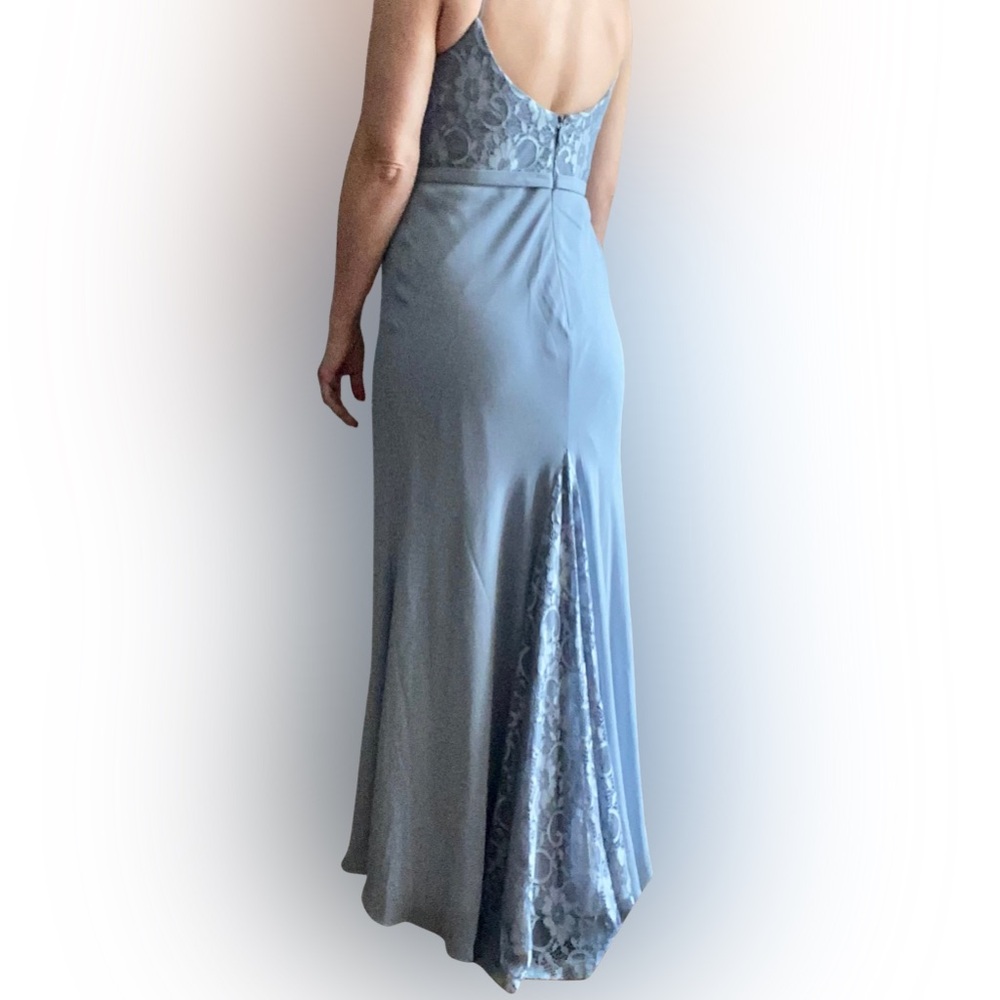 AZAZIE Dusty Blue Dress. Fitted Lace on top flares out at the bottom